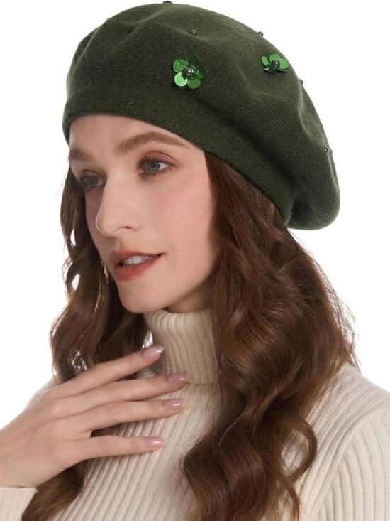 Women\'s French Beret Hat Reversible Knitted Thickened Warm Cap Army Green main image 7